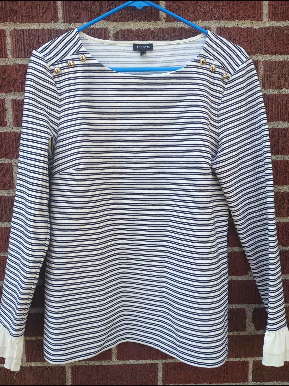 Talbots Navy and White Striped Long-Sleeve Boatneck Top with Gold Buttons